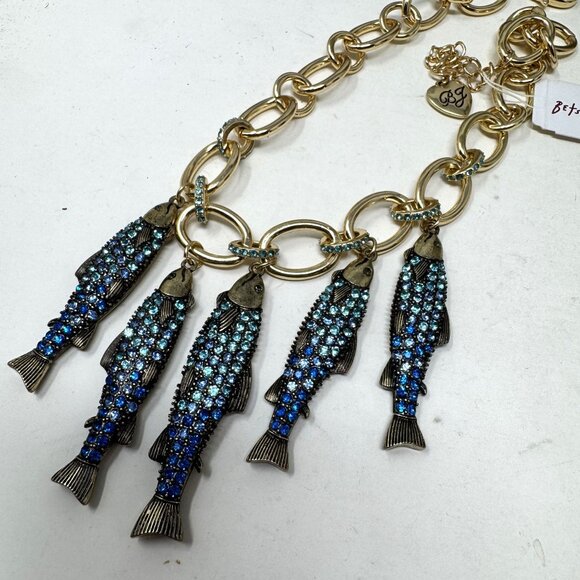 Betsey Johnson Fish Charm Rhinestone Necklace Goldtone Link - Picture 6 of 10